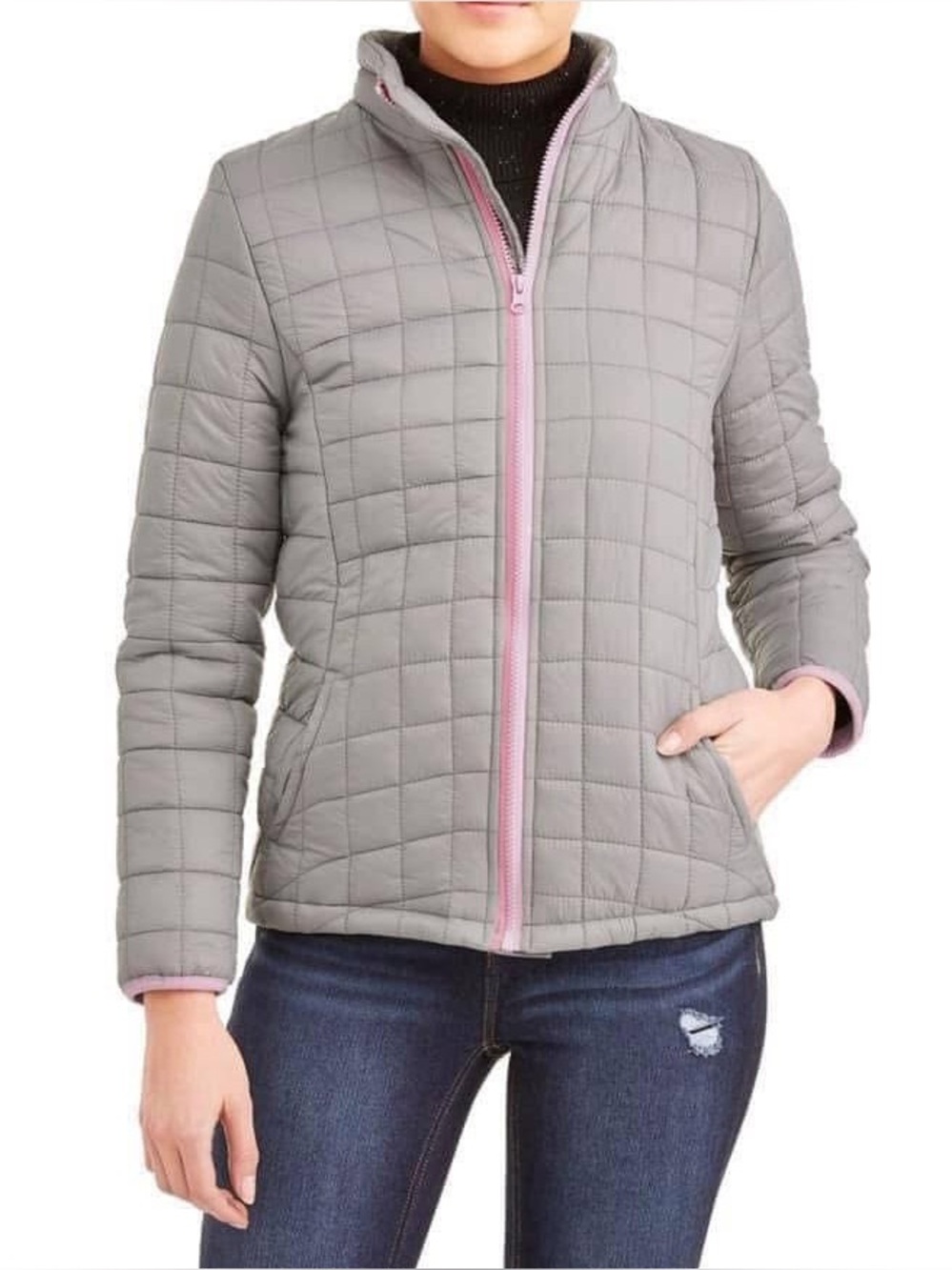 Women's Gray Quilted Puffer Jacket with Pink Trim